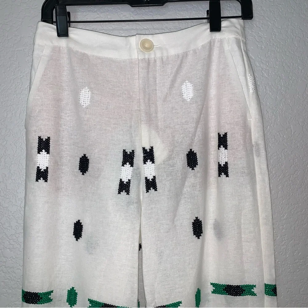 New Zara Embroidered White Linen Blend Pants 2731/259 Small Medium Blogger Fav
